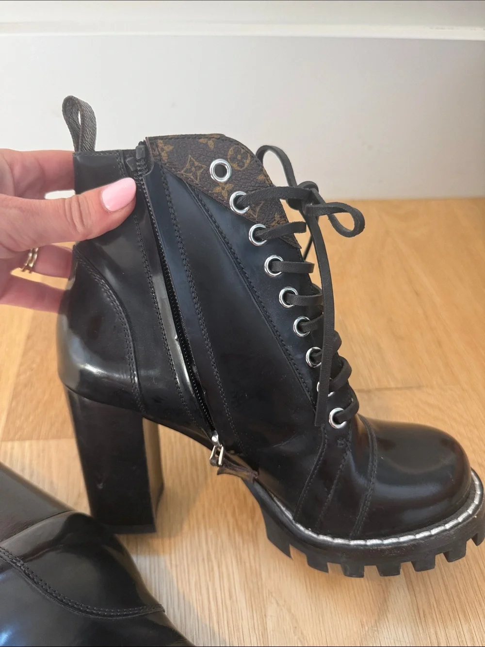 Louis Vuitton Black Leather Lace-Up Platform Booties with Monogram Trim